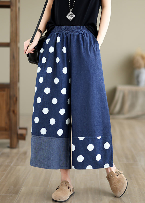 Women Blue Asymmetrical Patchwork Dot Print Pockets Wide Leg Pants Summer AP065