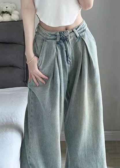 Pantalon en jean taille haute avec poches à boutons bleus pour femme, été KK008