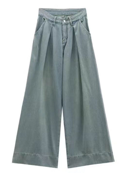 Pantalon en jean taille haute avec poches à boutons bleus pour femme, été KK008