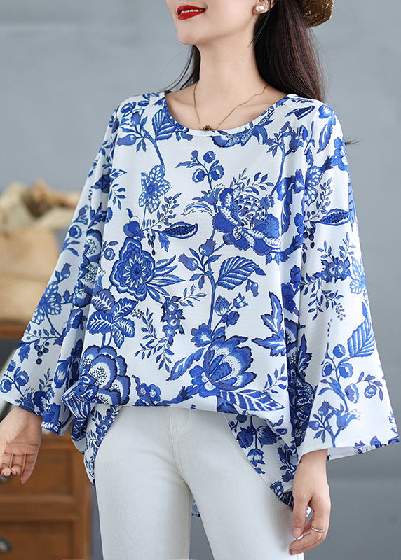 Women Blue O Neck Print Plus Size Cotton Tops Fall OO037