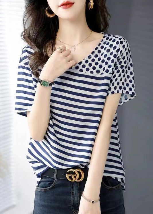 Frauen Blau O Neck Striped Dot Patchwork Seide Top Sommer BV076