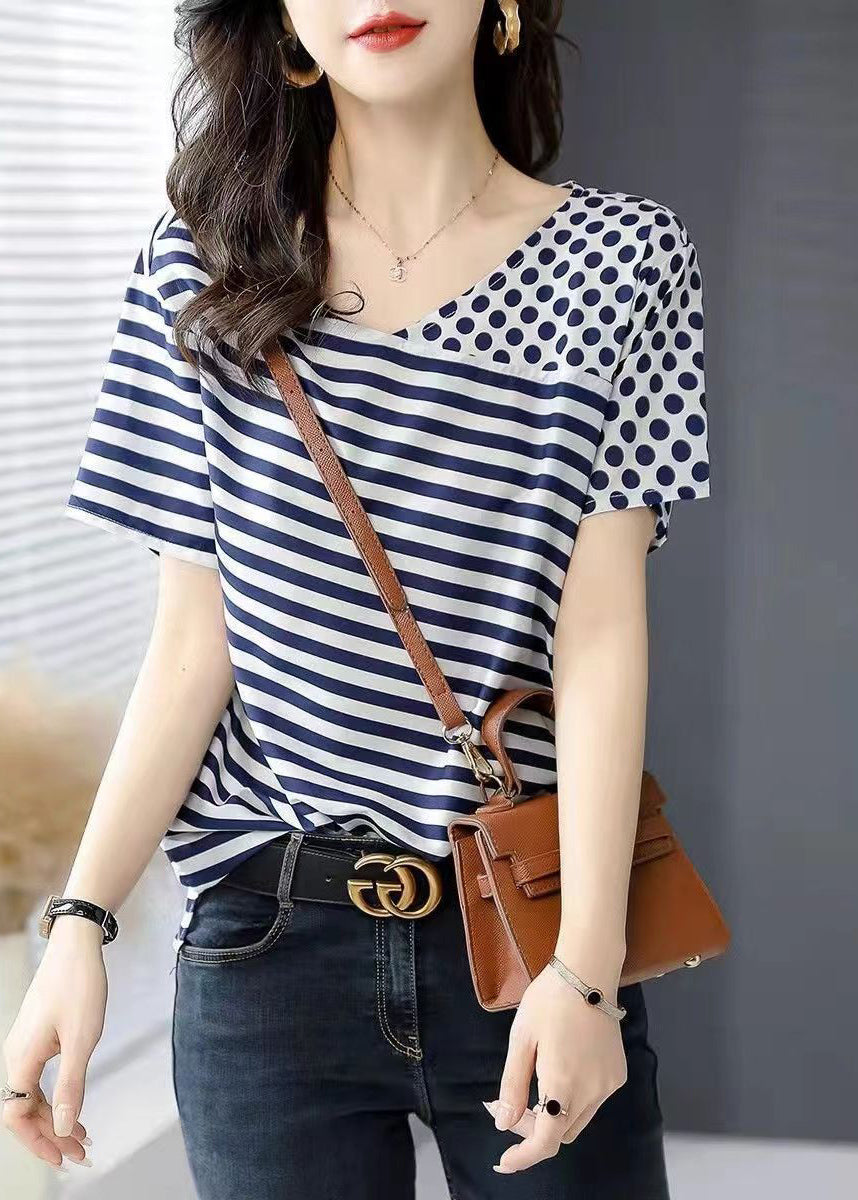 Frauen Blau O Neck Striped Dot Patchwork Seide Top Sommer BV076