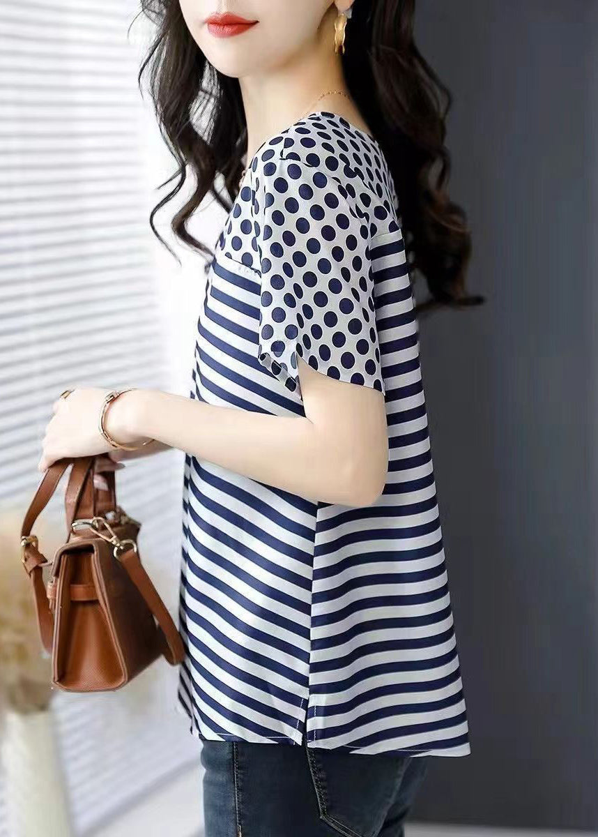 Frauen Blau O Neck Striped Dot Patchwork Seide Top Sommer BV076