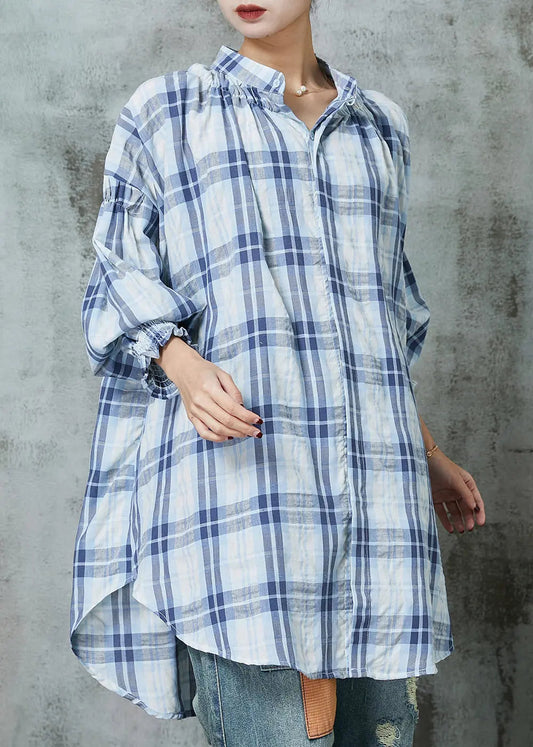 Women Blue Oversized Plaid Cotton Blouses Lantern Sleeve Ada Fashion