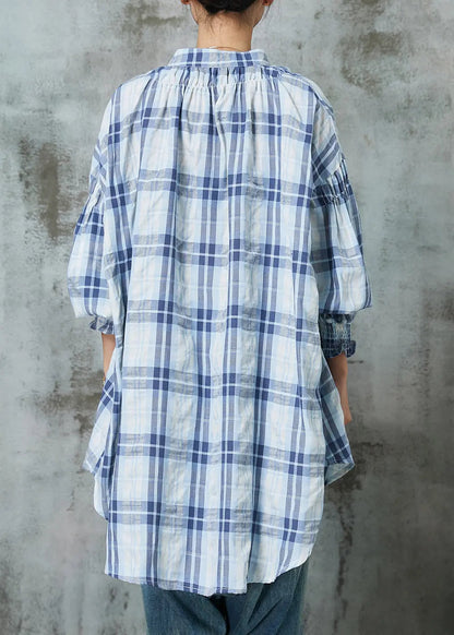 Women Blue Oversized Plaid Cotton Blouses Lantern Sleeve Ada Fashion