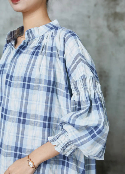 Women Blue Oversized Plaid Cotton Blouses Lantern Sleeve Ada Fashion