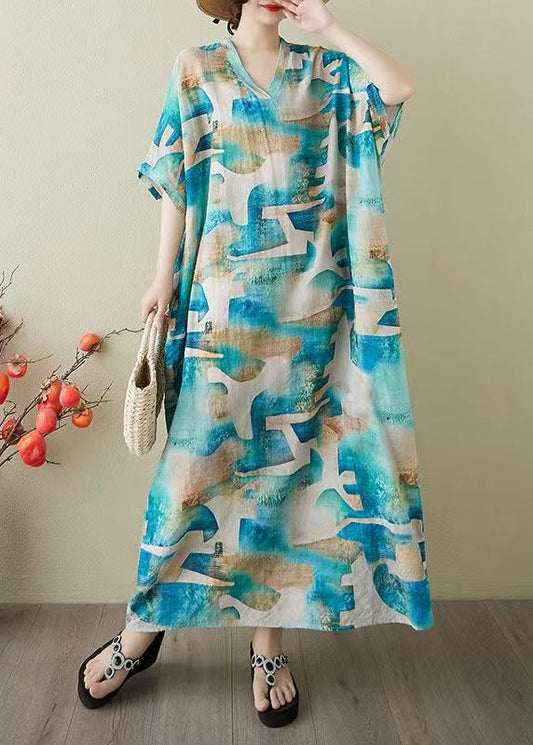 Print Sommerkleid Blau Oversized Party Damen Baumwolle
