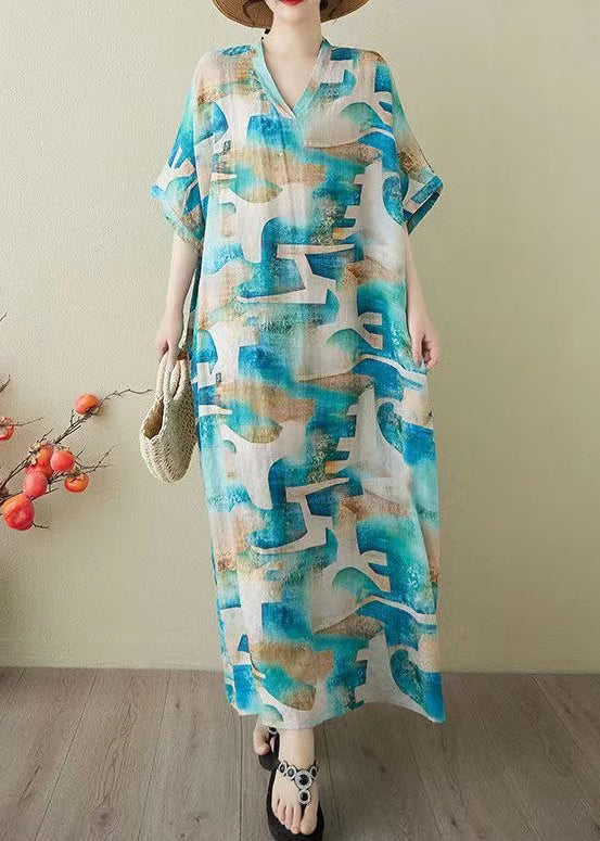 Print Sommerkleid Blau Oversized Party Damen Baumwolle