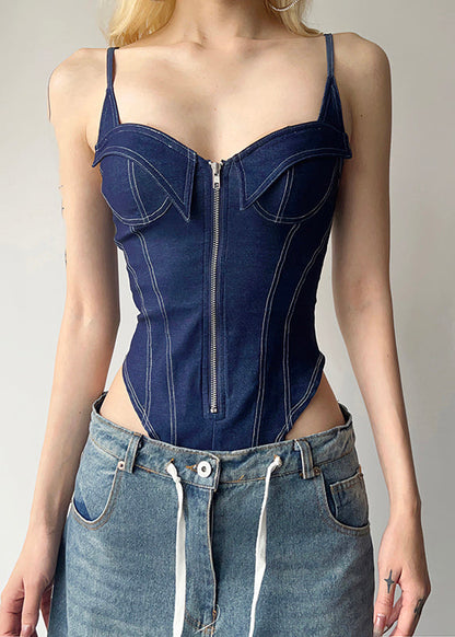 Blau Denim Cami Zippered Bodysuit Frauen Patchwork