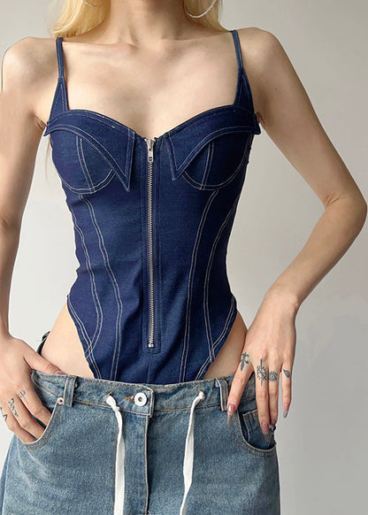 Blau Denim Cami Zippered Bodysuit Frauen Patchwork