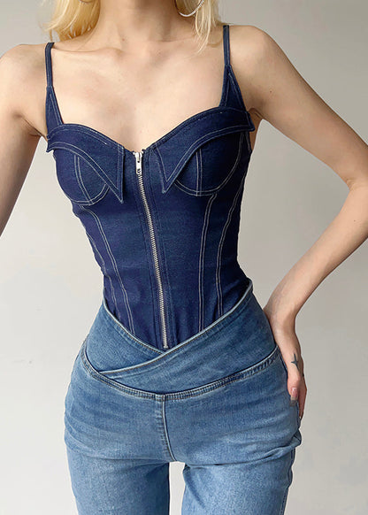 Blau Denim Cami Zippered Bodysuit Frauen Patchwork