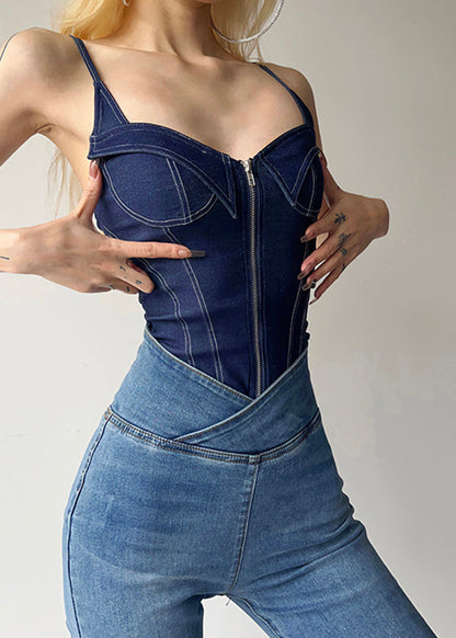 Blau Denim Cami Zippered Bodysuit Frauen Patchwork