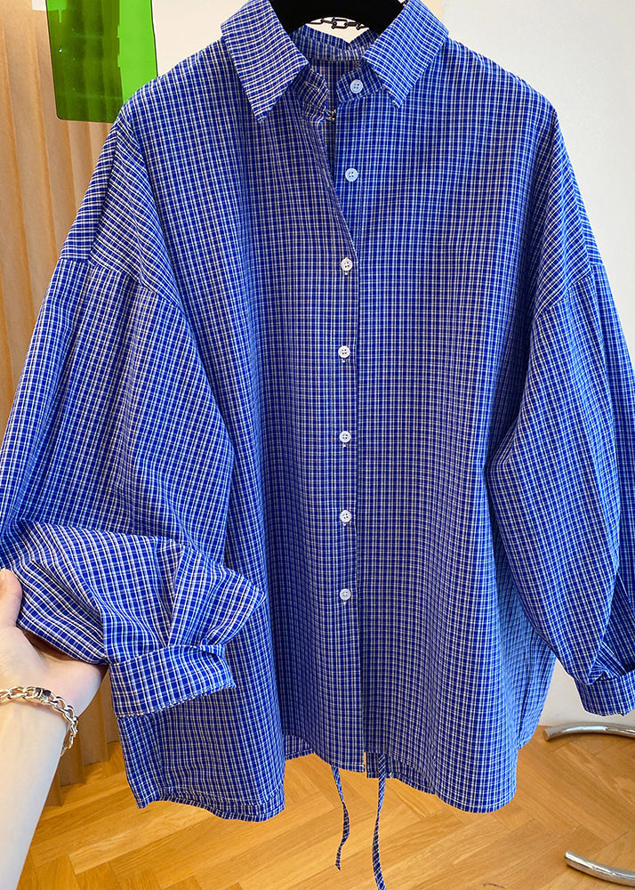 Women Blue Peter Pan Collar Plaid Cotton Shirts Top Fall WN040