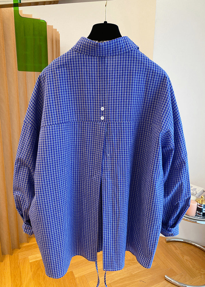 Women Blue Peter Pan Collar Plaid Cotton Shirts Top Fall WN040