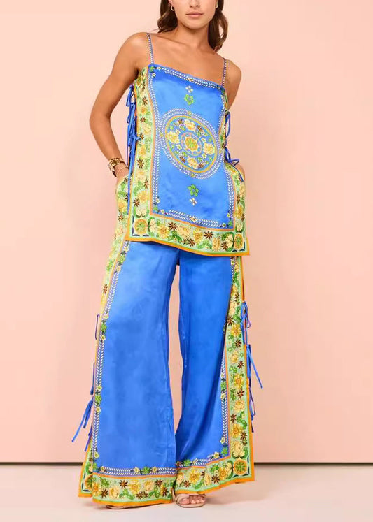 Pantalon large à imprimé pompons pour femme, coupe haut de gamme, patchwork bleu