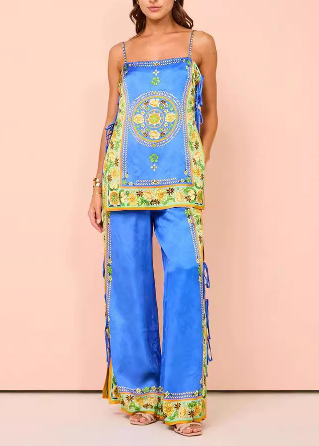 Pantalon large à imprimé pompons pour femme, coupe haut de gamme, patchwork bleu