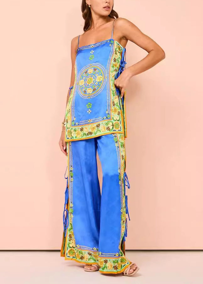 Pantalon large à imprimé pompons pour femme, coupe haut de gamme, patchwork bleu