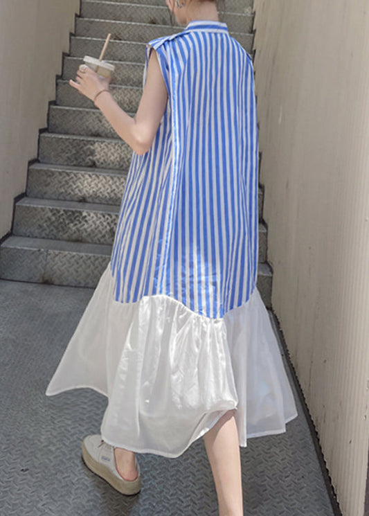 Women Blue Striped Patchwork Button Chiffon Long Dress Summer UU1034