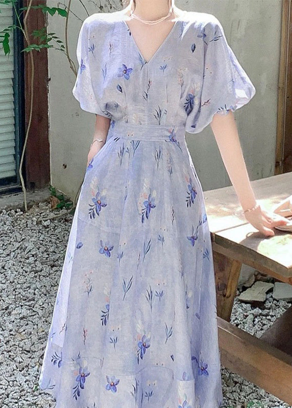 Women Blue V Neck Print Cotton Long Dress Summer KJ006