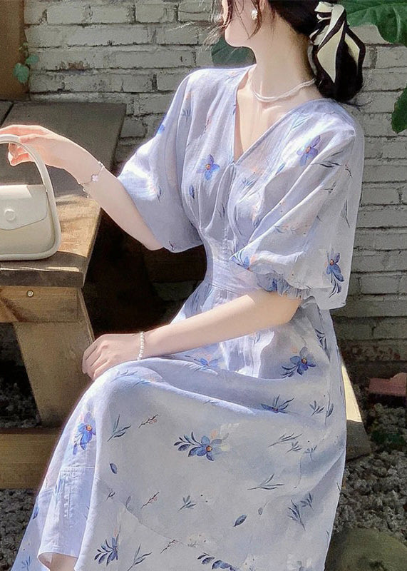 Women Blue V Neck Print Cotton Long Dress Summer KJ006