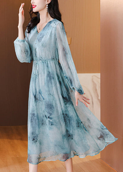 Robe en soie bleue à col en V et cordon de serrage pour femme, manches lanternes, BB022