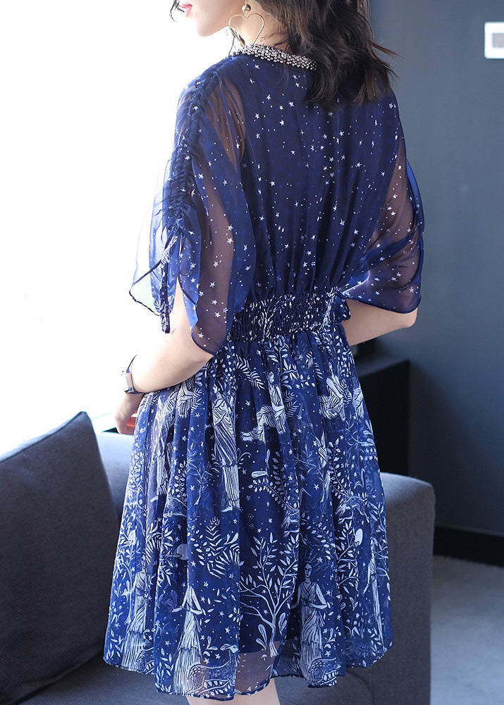 Nagel Ärmel Perle Batwing Kleider Chiffon V Print Frauen Hals Blau