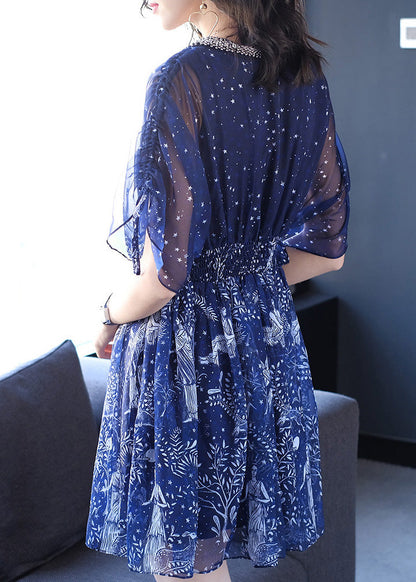Nagel Ärmel Perle Batwing Kleider Chiffon V Print Frauen Hals Blau