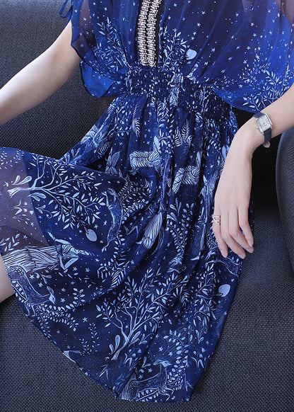 Nagel Ärmel Perle Batwing Kleider Chiffon V Print Frauen Hals Blau