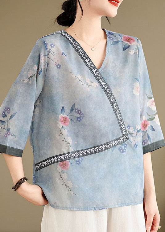 Women Blue V Neck Print Patchwork Cotton Tops Summer AP091