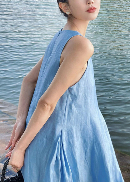 Robe longue en coton uni bleu à fermeture éclair pour femme sans manches XX084