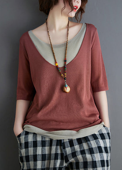 Ziegel Frauen Rot Patchwork Tanks Stricken Sommer