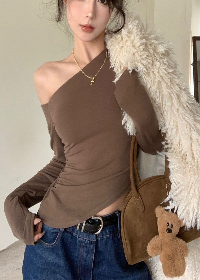 Shoulder One Women Brown Tops Fall Blouse Cotton