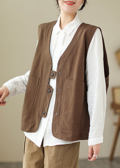Damen Braune Weste mit V-Ausschnitt und Taschen, Patchwork, Baumwolle, ärmellos, TI025
