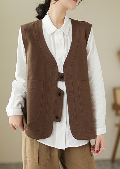 Damen Braune Weste mit V-Ausschnitt und Taschen, Patchwork, Baumwolle, ärmellos, TI025