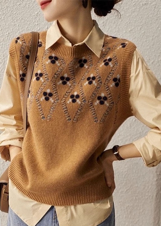 Gilet en laine jacquard camel à col rond pour femme, sans manches, TZ032
