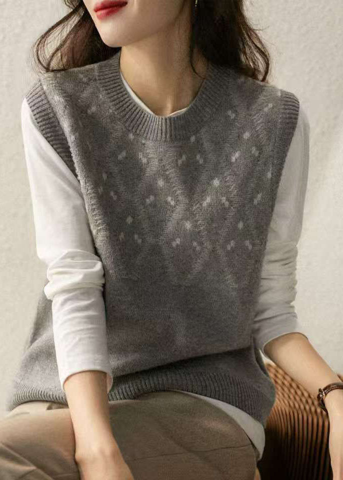 Gilet en laine jacquard camel à col rond pour femme, sans manches, TZ032