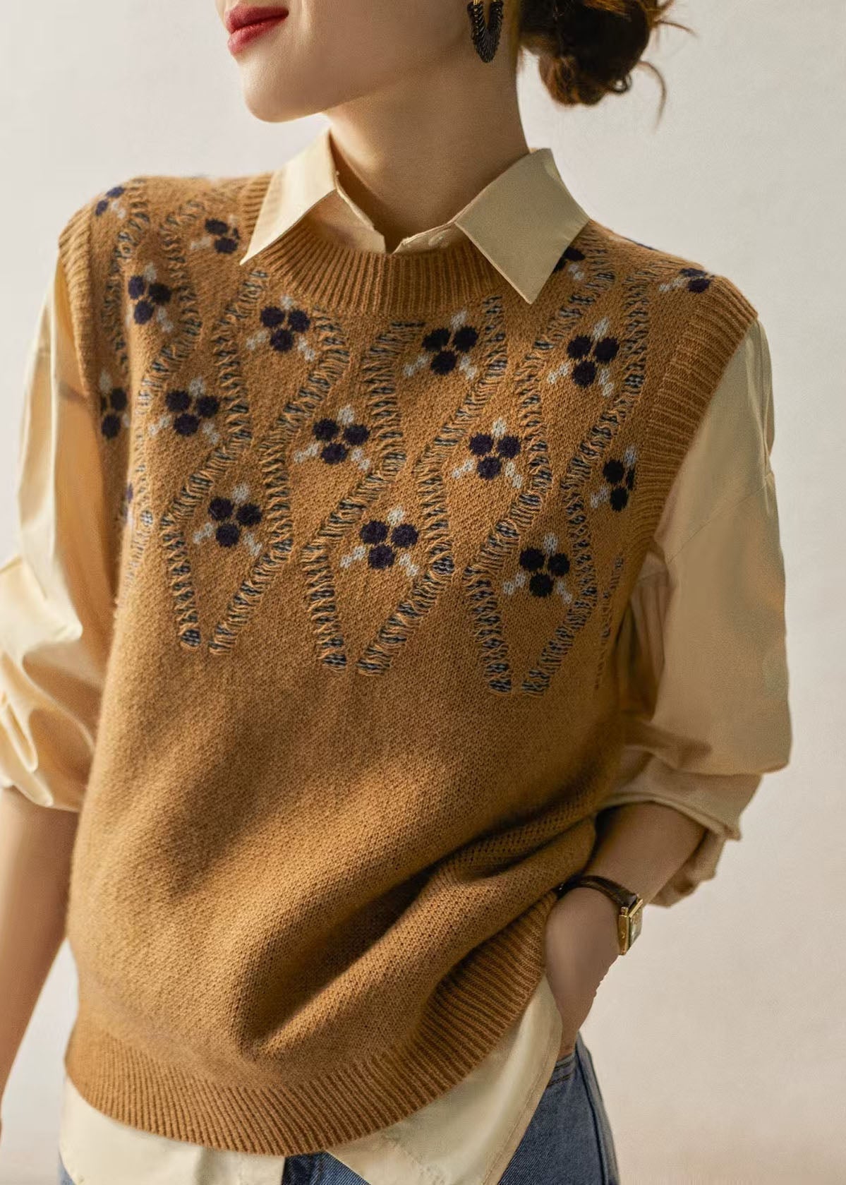 Gilet en laine jacquard camel à col rond pour femme, sans manches, TZ032