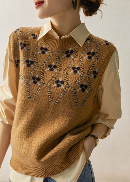 Gilet en laine jacquard camel à col rond pour femme, sans manches, TZ032