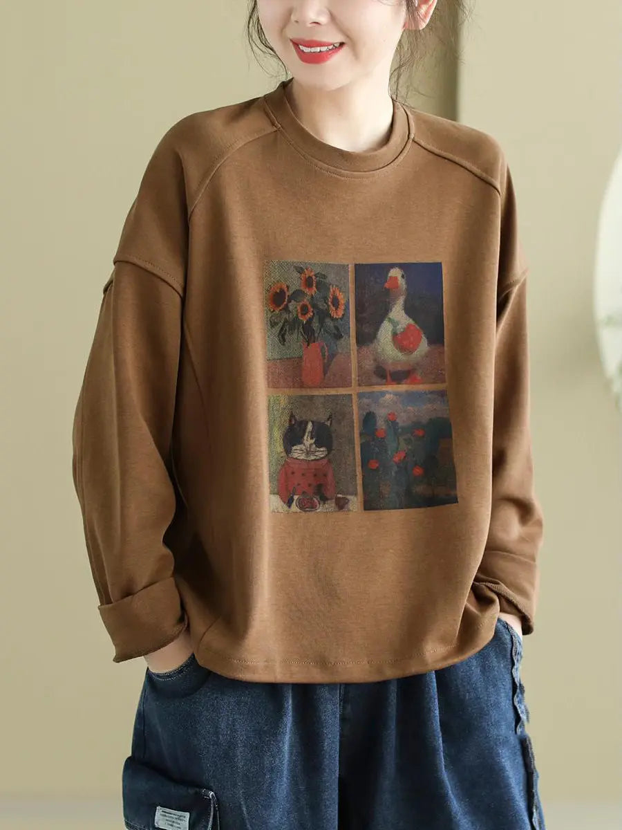 Women Casual Cartoon Print Spring Sweatshirt Ada Fashion