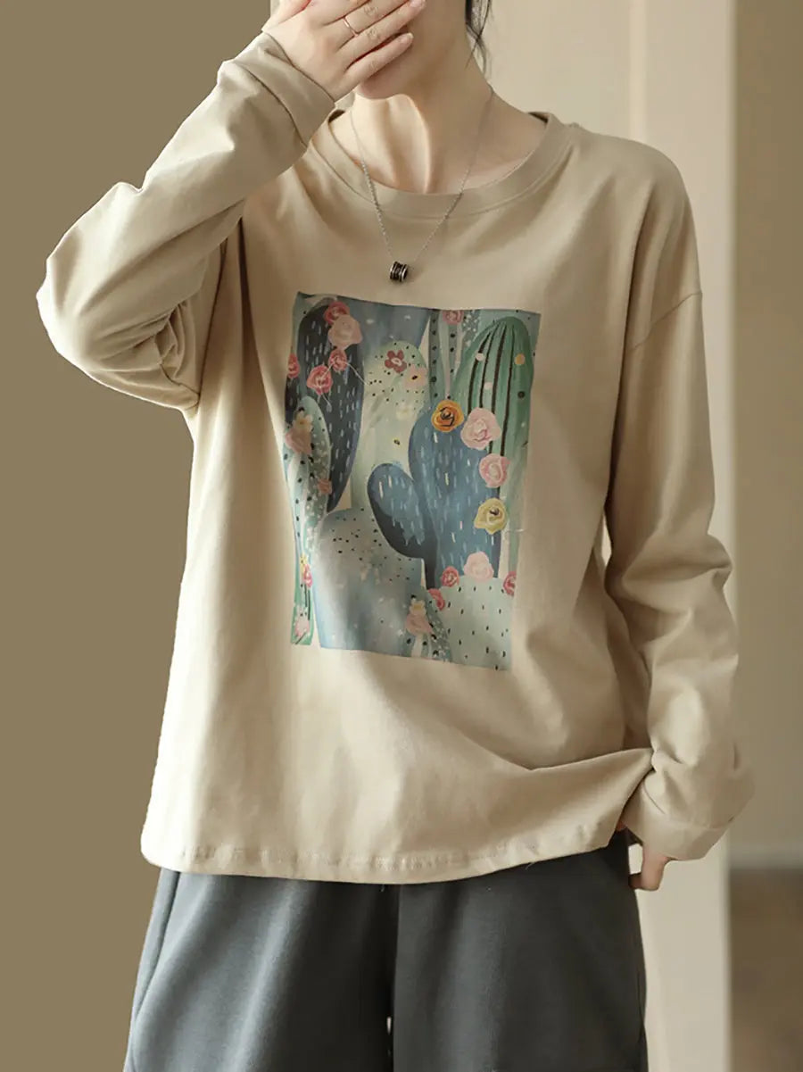 Women Casual Print Spring Long Sleeve Pullover Shirt Ada Fashion