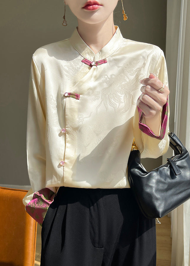 Women Champagne Stand Collar Button Silk Shirts Fall AB1038