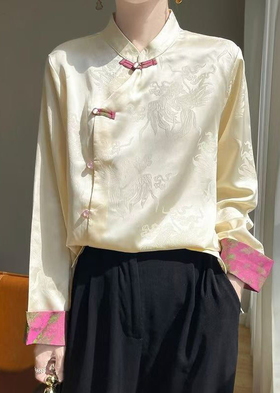 Women Champagne Stand Collar Button Silk Shirts Fall AB1038