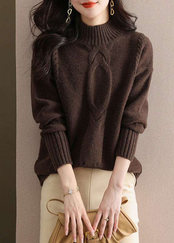 Women Coffee Half Hign Neck Thick Patchwork Knitted Sweaters Fall QI044