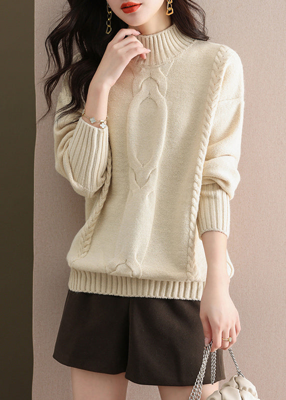 Women Coffee Half Hign Neck Thick Patchwork Knitted Sweaters Fall QI044