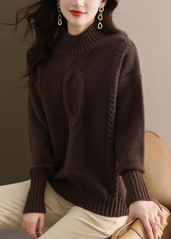 Women Coffee Half Hign Neck Thick Patchwork Knitted Sweaters Fall QI044