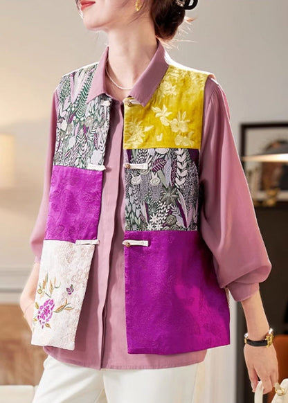 Women Colorblock Embroidered Button Silk Waistcoat Sleeveless Ada Fashion