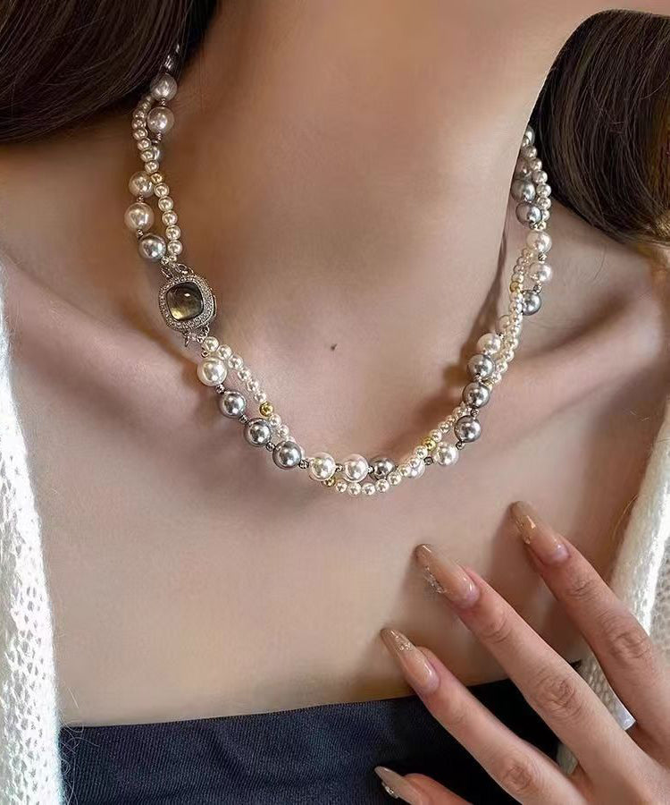 Women Colorblock Sterling Silver Zircon Double Layer Pearl Square Gratuated Bead Necklace WQ025