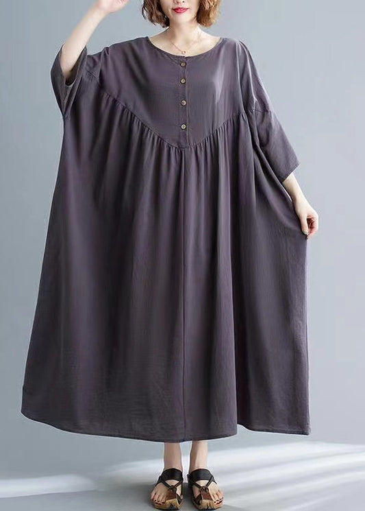 Women Dark Grey Patchwork Button Long Dresses Short Sleeve GH1018