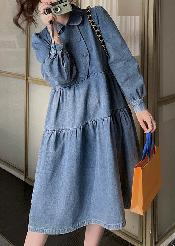 Women Denim Blue Wrinkled Patchwork Long Dress Spring RP009