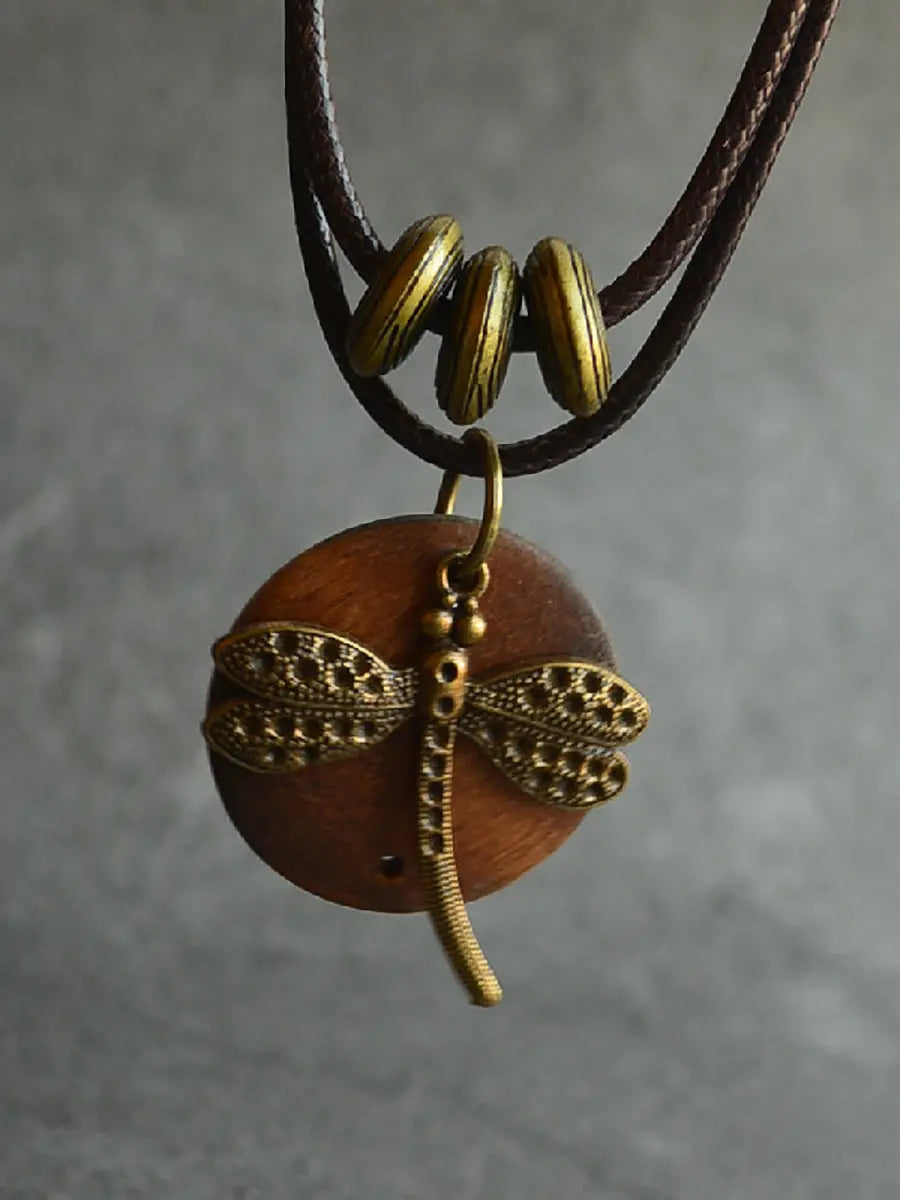 Women Ethnic Alloy Dragonfly Wooden Pandent Necklace Ada Fashion